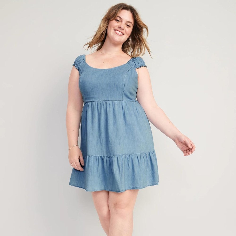 Old Navy Fit & Flare Puff-Sleeve Smocked Jean Mini Dress for Women New - Picture 5 of 5
